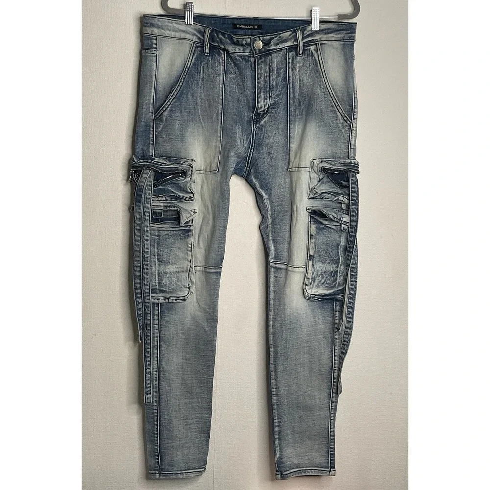 Embellish Biker Jeans Cargo Pockets Mens Size 38 Moto Hawk Cargo Stone‎ Wash